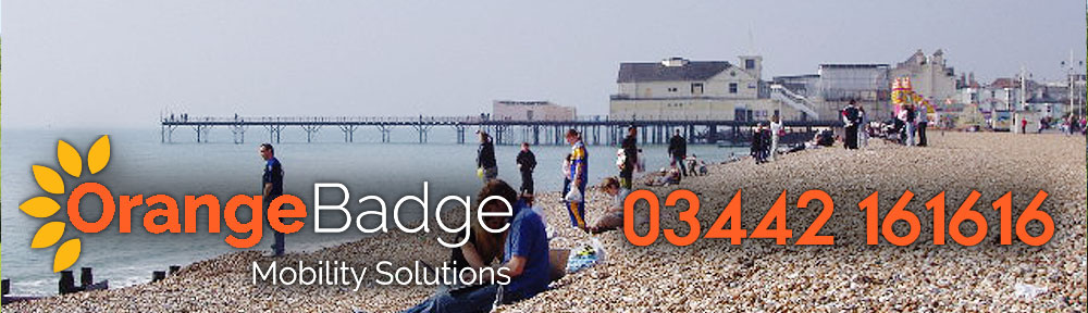 Picture of Bognor Regis Beach with Orange Badge logo and 03442161616 telephone number for Bognor Regis mobility page