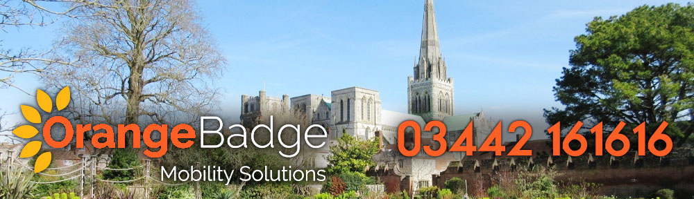 Picture of Chichester Cathedral with Orange Badge logo and 03442161616 telephone number for Chichester mobility page