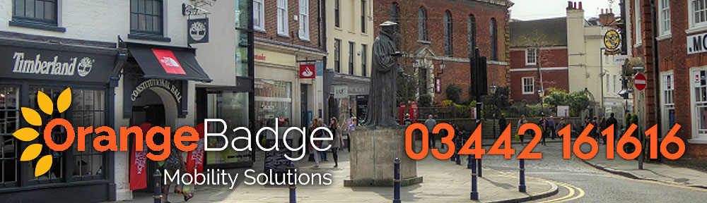 Picture of Guildford with Orange Badge logo and 03442161616 telephone number for Guildford mobility page