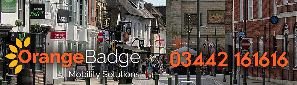 Picture of Horsham High Street with Orange Badge Mobility logo and 03442 161616 number