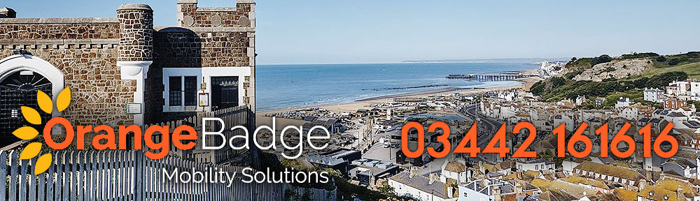 Picture of Hastings with Orange Badge logo and 03442161616 telephone number for Hastings mobility page