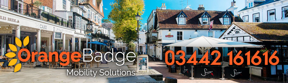 Picture of Tunbridge Wells Town Centre with Orange Badge logo and 03442161616 telephone number for Tunbridge Wells mobility page