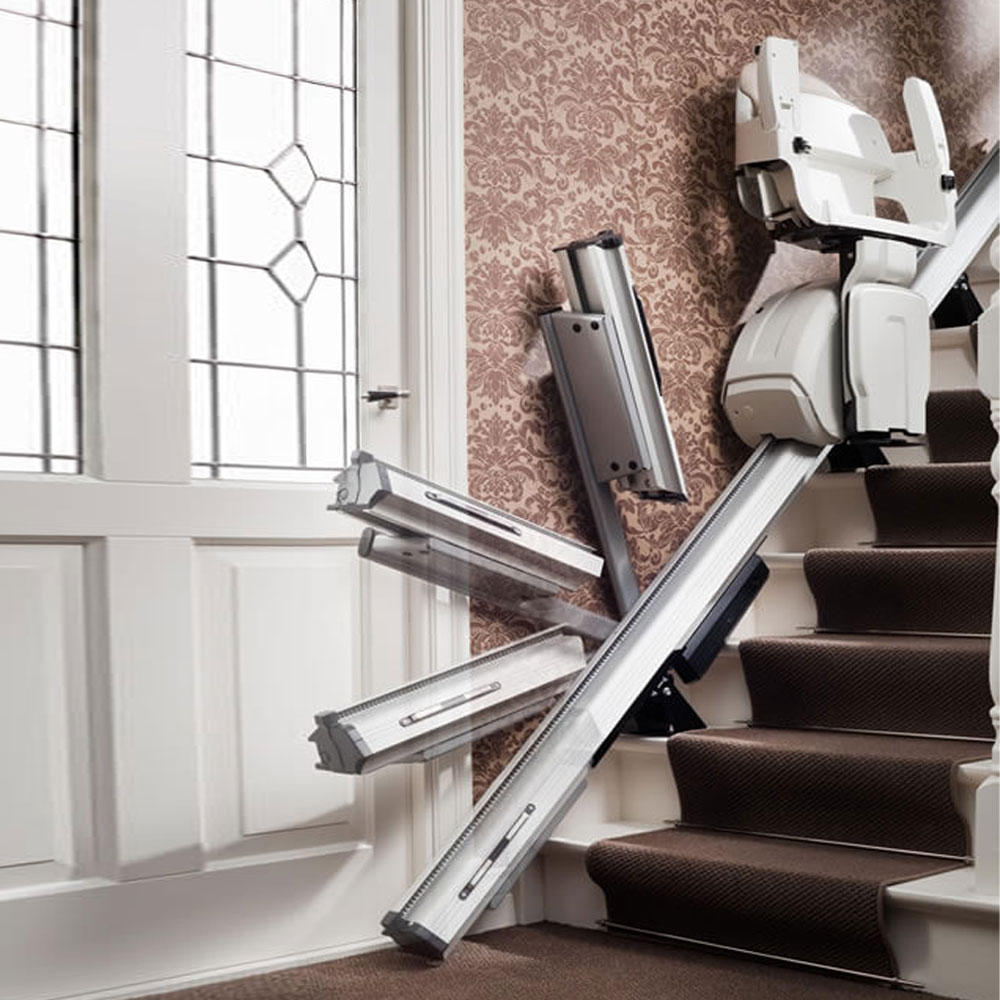 a stairlift hinge is shown in different positions with a stairlift parked above