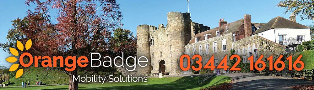 Picture of Tonbridge Castle with Orange Badge logo and 03442161616 telephone number for Tonbridge mobility page